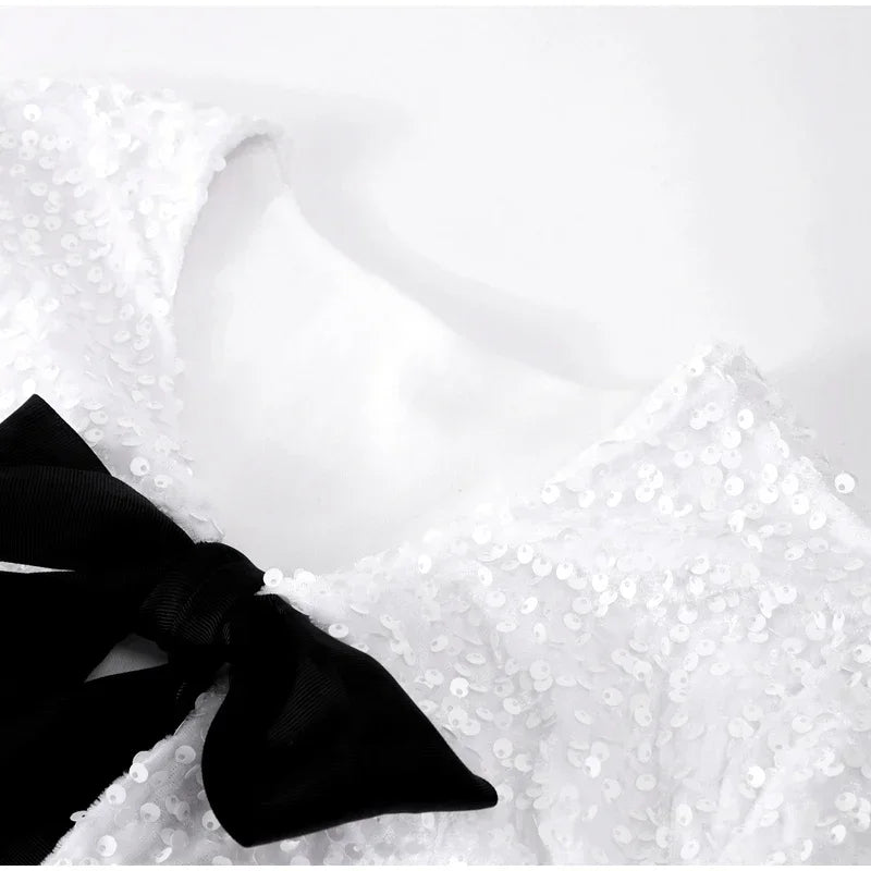 🍒Bow tie sequin dress for women long sleeve shiny mini dress female chic backless evening party dress with back bow crop sequin jacket long sleeve with satin bow front  occasion party wear