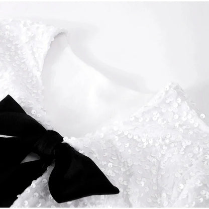 🍒Bow tie sequin dress for women long sleeve shiny mini dress female chic backless evening party dress with back bow crop sequin jacket long sleeve with satin bow front  occasion party wear