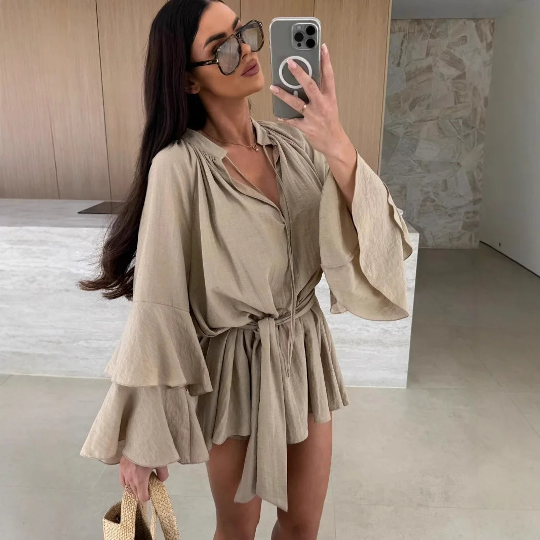 🍒Elegant fold dress women brown deep v-neck long sleeve mini dress female spring summer loose fashion clothes party occasion wear Blouse Up In  a Dress