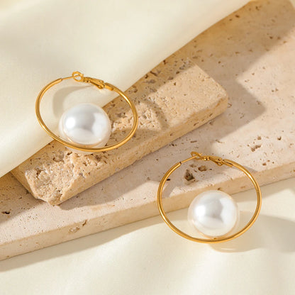 🍒Stainless steel large hoop earrings with pearl for women fashion exaggerated holiday Jewellery occasion earrings gift Bijoux Girly Pearl