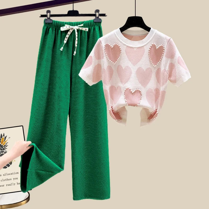 🍒Two piece set suit chic knit t-shirt with love heart top women  and casual wide leg pants sets elegant casual clothing home wear clothes  Love This Set
