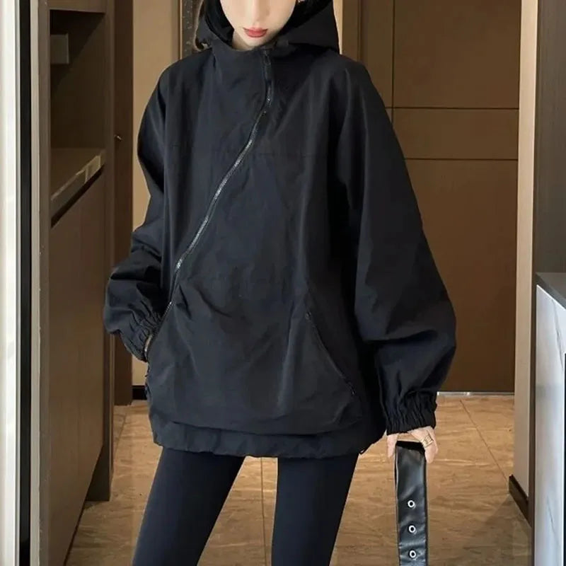 🍒Womens sweatshirt fashion designed diagnal placed zipper loose outerwear jacket hoodies smart casual women all match ladies pocket jacket Do A Diagnal Divert