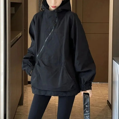 🍒Womens sweatshirt fashion designed diagnal placed zipper loose outerwear jacket hoodies smart casual women all match ladies pocket jacket Do A Diagnal Divert