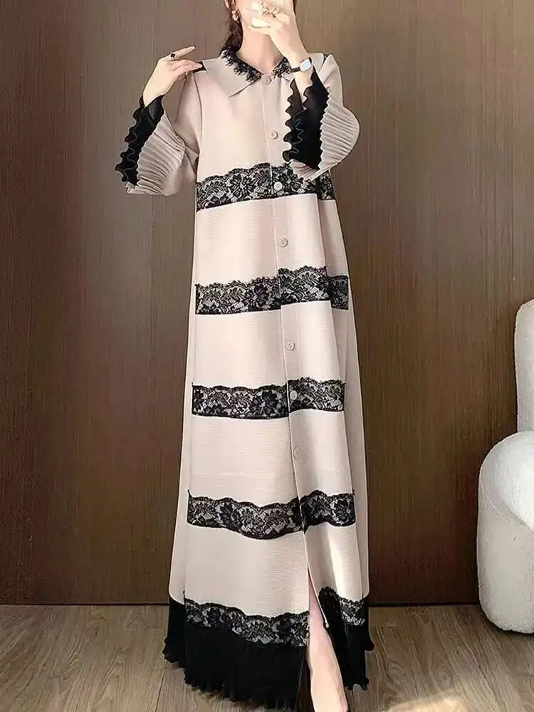 🍒Pleated lace dress with lapels flared sleeve single breasted outfit long elegant midaxi fashion wears smart casual clothing women partywear occasion wear