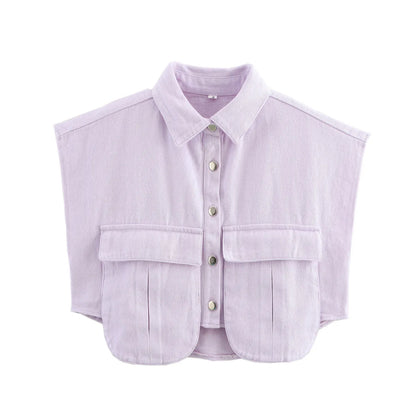 🍒Women's summer cropped shirt sleeveless blouse top ladies elegant with large pockets vintage style chic casual solid summer clothing high end cardigan denim top Pocket This Crop