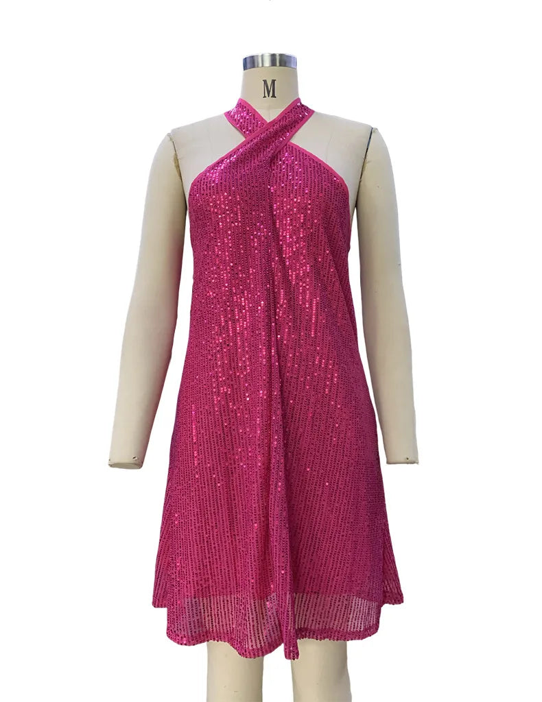 🍒Halter strapless dress sparkly women's clothes strapless sequin  mini outfit sleeveless party wear occasion wear clubbing wear Slip On A-Sensual Slippy Slip