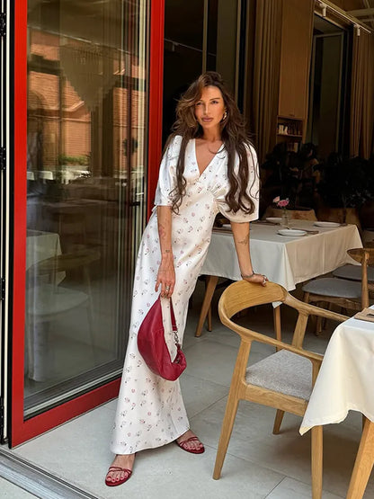 🍒Summer printed v-neck dress  with flower print womens fashion slim fit waist short butterfly sleeve long summer outfit with short sleeves high waist office wear cute comfy casu classy