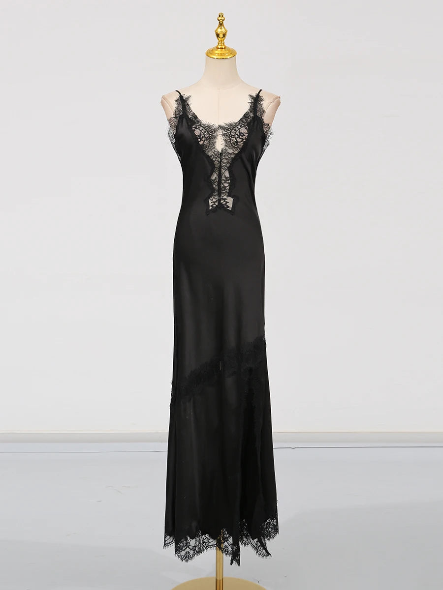 🍒Colour block lace dress sheer lace clothing for women long outfit v-neck sleeveless High wasit slim split dresses Female occasion wear party wear You wont be UNDER impressed with this FASHION  WEAR