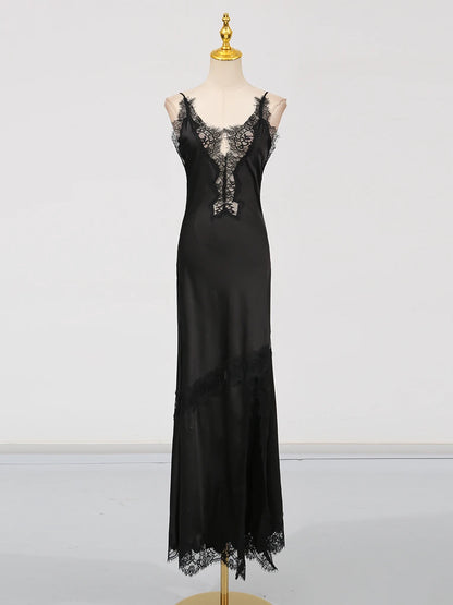 🍒Colour block lace dress sheer lace clothing for women long outfit v-neck sleeveless High wasit slim split dresses Female occasion wear party wear You wont be UNDER impressed with this FASHION  WEAR
