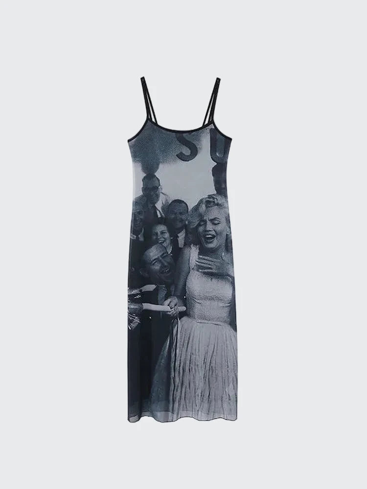 🍒Print vintage dress mesh Y2k spaghetti straps maxi outfits for women fashion straight dress party occasion wear club clothing Merry Munroe Midi