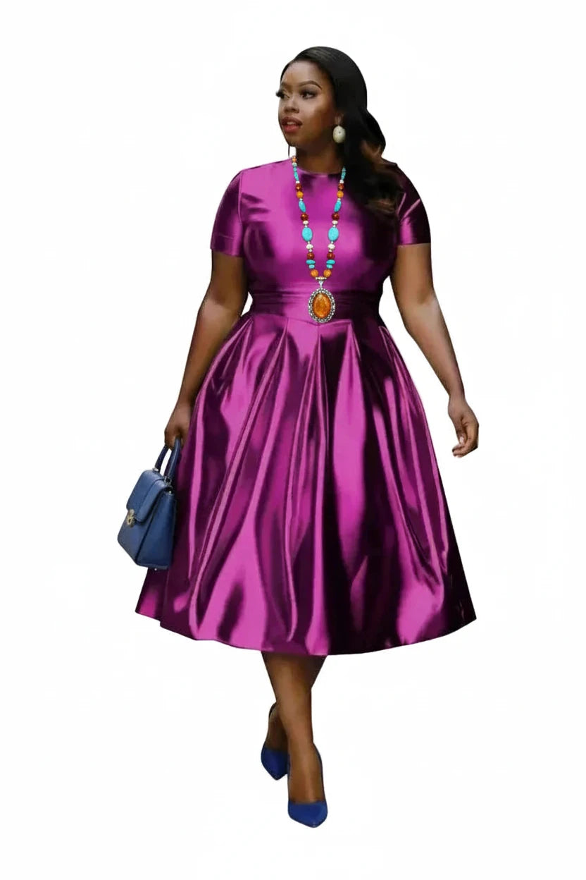 🍒A-line shiny dress metallic short sleeve midi for women plus size outfit fit and flare elastic dress smart casual clothing Summer Stunner