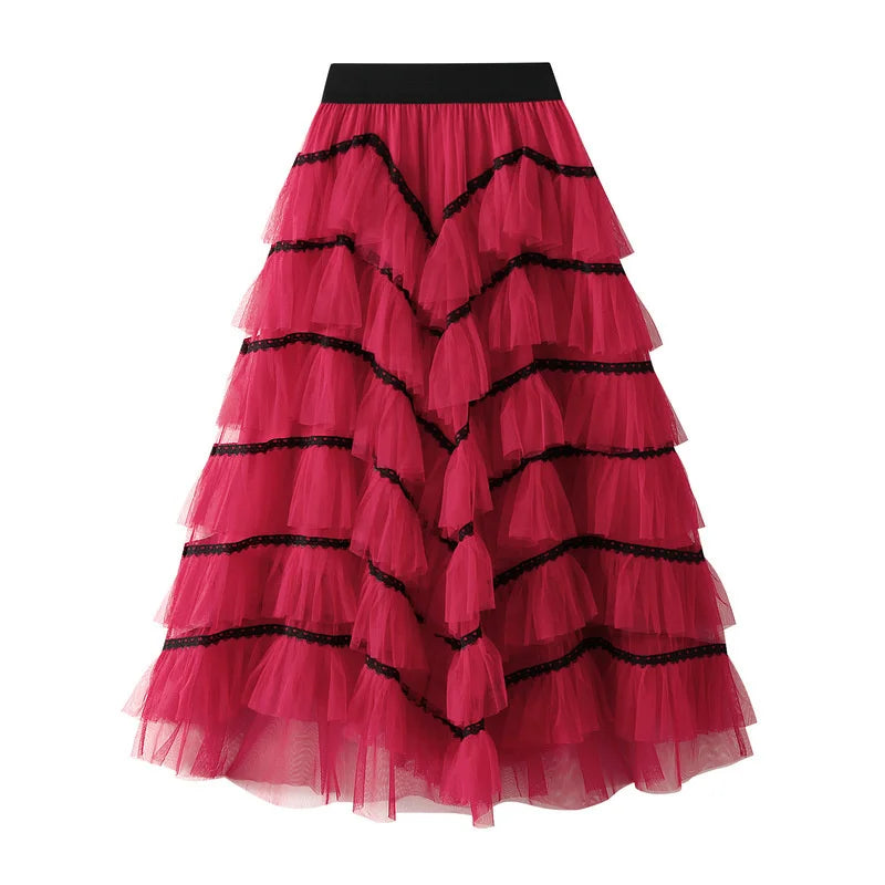 🍒Mesh cake skirt elasticated waist summer fashion midi long skirts for women female smart casual clothes princess skirts for adults occasion party wear Teirs Of Fashion Passion