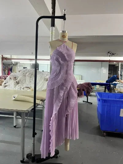 🍒Ruffles evening gown elegant neck strap pleated a-line midi dress solid color summer outfits backless vacation wear Y2k fashion party occasion wear       Get This Ruffle You'll Be Frilled