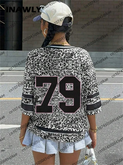 🍒Leopard print tops for women new york 79 print t-shirt summer short sleeve t-shirt v-neck mesh jersey top sport football style Y2K female clothing