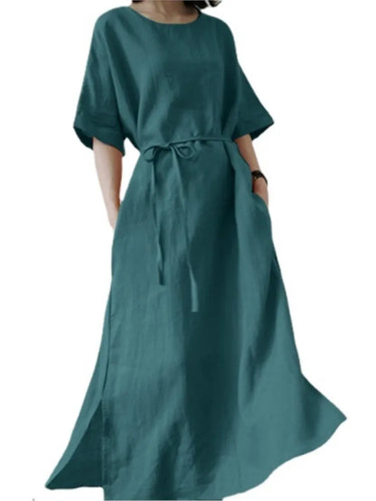 🍒Long dresses a-line fashion split hem wide short sleeve outfit casual outfit for women with waistband batwing sleeve clothes Simply Style