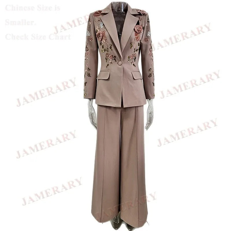 🍒Luxury two piece set womens blazer suit coat beaded 3D flower Jacket plus long wide leg pants suit crystal formal outfits party occasion clothing Don A Diva 3D