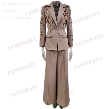 🍒Luxury two piece set womens blazer suit coat beaded 3D flower Jacket plus long wide leg pants suit crystal formal outfits party occasion clothing Don A Diva 3D