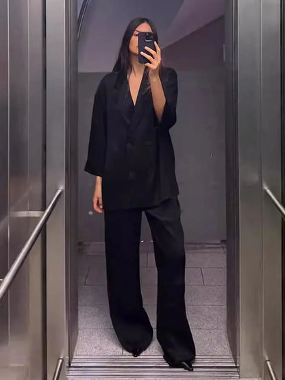 🍒Casual blazer jacket and  pants suit for women long sleeve double breasted jacket + wide leg trousers office outfits smart casual fashion wear occasion wear Keep Abreast Of The Double Breast