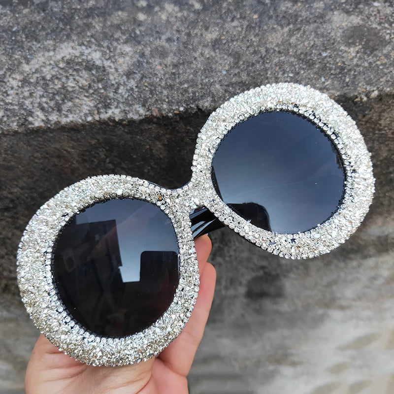 🍒Oversized round diamond sunglasses for women crystal sunnies rhinestone smart eyewear bling glasses eye glasses shades with uv400 protection Glamy Goggles