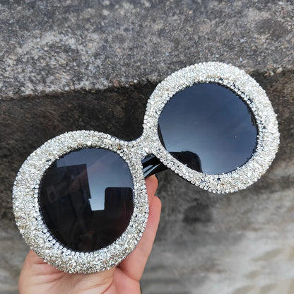🍒Oversized round diamond sunglasses for women crystal sunnies rhinestone smart eyewear bling glasses eye glasses shades with uv400 protection Glamy Goggles