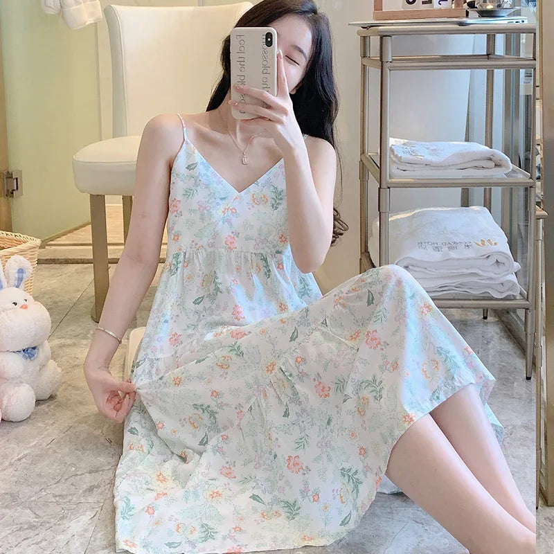 🍒Sleeveless night dress for Women breathable viscose cotton camisole nightie floral  night dress loungewear summer wear holidaywear nightwear Fresh Florals