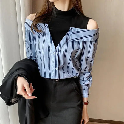 🍒Fake two piece shirt cotton blouse for women off shoulder top cool blue stripe shirt Woman Particular Trends Youth