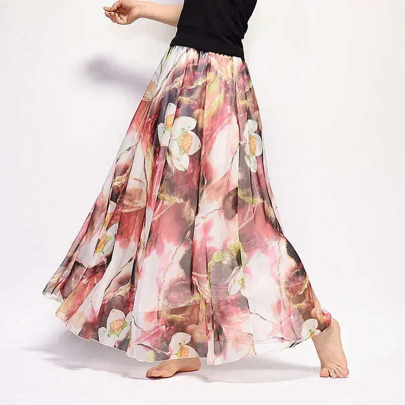 🍒Vintage bohemian long skirt full elegant chiffon fashion beach wear smart casual women high waist maxi skirt outfit summer Clothing Fill Your Basket With Roses