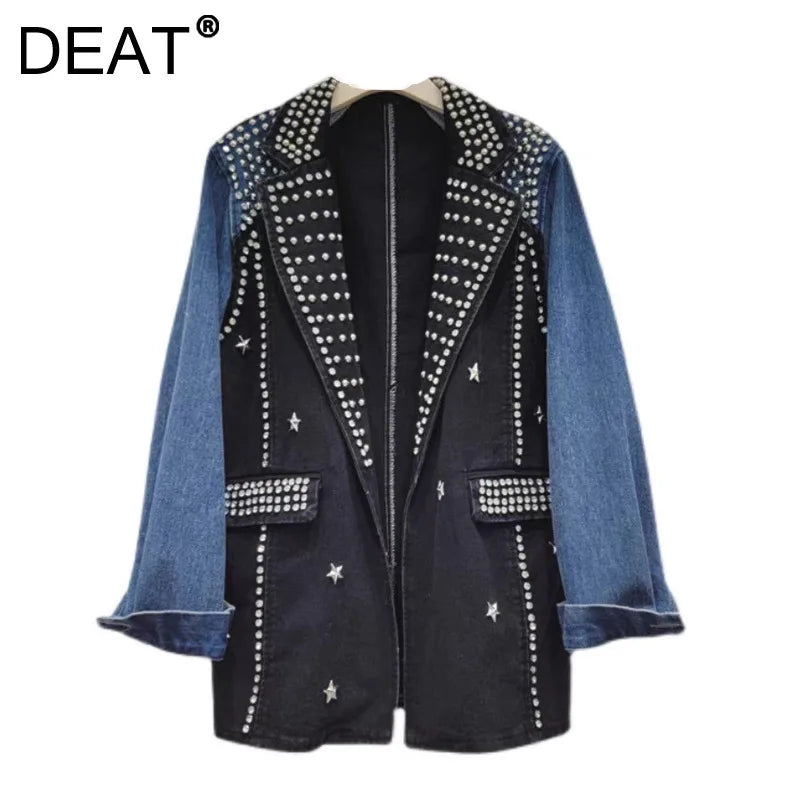 🍒Y2K vintage denim jacket stylish craft studded diamond studded coat single button mixed media clothing contrast colour patchwork jeans wear smart casual women  Denim Designer Diamond Delight