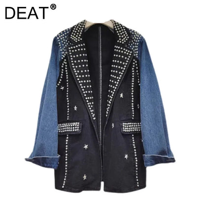 🍒Y2K vintage denim jacket stylish craft studded diamond studded coat single button mixed media clothing contrast colour patchwork jeans wear smart casual women  Denim Designer Diamond Delight