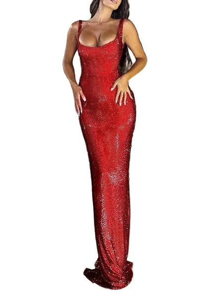🍒Square neck maxi dress long women sleeveless backless outfit  sequin smart casual women ladies Party wear occasion clothing Show Off Shiny