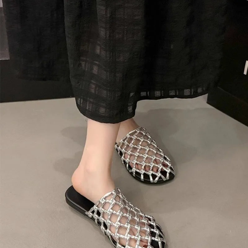 🍒Women's flying woven mesh sandals breathable flat shoes for women summer round toe sliders shallow mouth soft sole slippers for women anti-slip fabric Wear-resistant footwear Will Be Golden Oldies