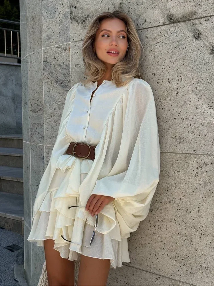 🍒Round neck long sleeve mini dress layered with skirt elegant solid clothes for women ruffle outfit single-breasted chic highstreet clothing Puff Ruffle Summer Sugar Stuff
