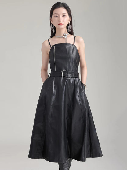 🍒Black faux leather dress spaghetti strap pu outfit with zip front sleeveless belted midi a-line dress party occasion wear sleeveless wear for women Like A Biker
