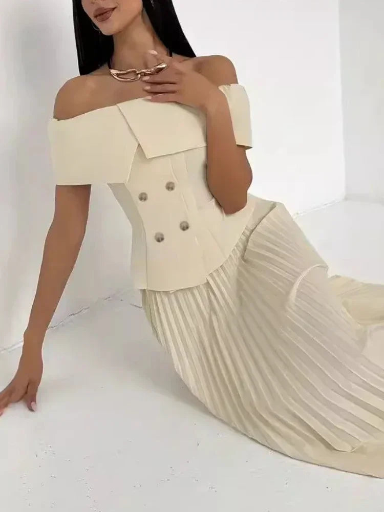 🍒Fashion two piece outfits with long pleated skirts maxi fashion and Off-shoulder top matching sets neutral clothing for women party formal wear party occasion wear Cool off with Ice Cream