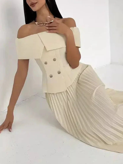🍒Fashion two piece outfits with long pleated skirts maxi fashion and Off-shoulder top matching sets neutral clothing for women party formal wear party occasion wear Cool off with Ice Cream