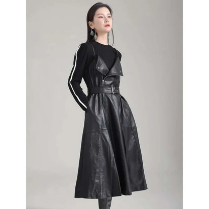 🍒Black faux leather dress spaghetti strap pu outfit with zip front sleeveless belted midi a-line dress party occasion wear sleeveless wear for women Like A Biker