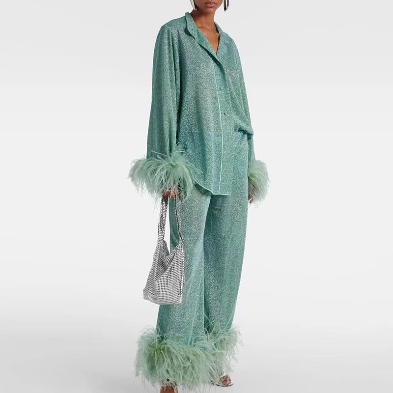 🍒Women's stand collar long sleeve blouse and pant set suit with feather trim elegant glitter button up shirt and trousers solid outfits autumn fashion party set occasion wear Tuck Turkey In Your Trolly Totally