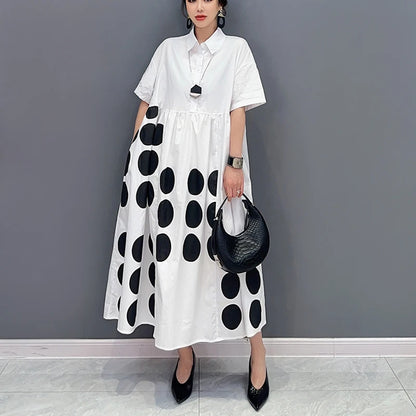 🍒Large polka dot printed dress black and white long shirt dress loose fit plus size fashion chic smart casual wear women Say Yes To Dominos