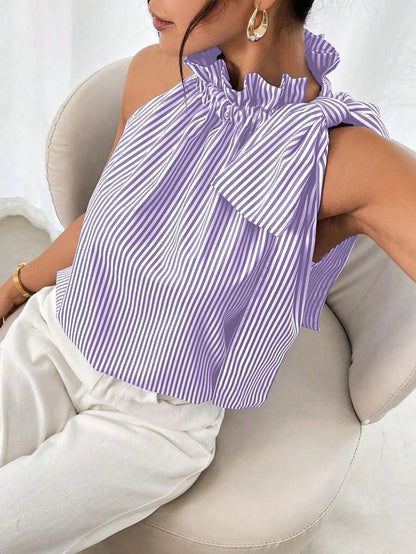 🍒Women shirts sleeveles sweet stripe blouse cute printed summer tops tie bow smart casual attire ladies