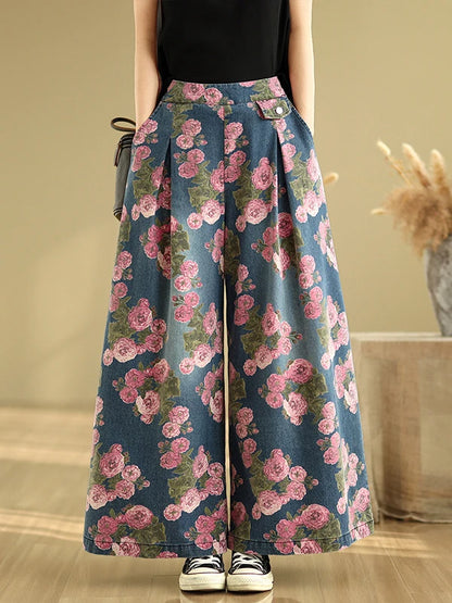 🍒Wide leg jeans loose elastic high waisted printed denim jeans for women summer wide leg trousers ladies Jeans plus size Toss On Your Tough Petals