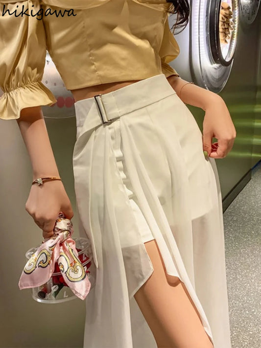 🍒White chiffon skirt maxi fashion mixed media for Women temperament summer high waist mesh fashion chic patchwork inner and outer mesh  occasion party wear Not Short Of Transparency