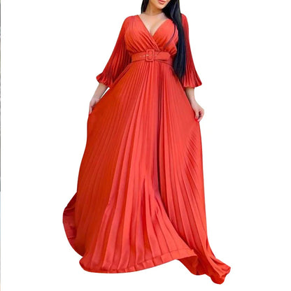 🍒 Dinner party dress V-neck design pleated womens fashion wear elegant maxi oufit with belt long sleeve fashion occasion wear party wear Com-PLEATly Flared Affair