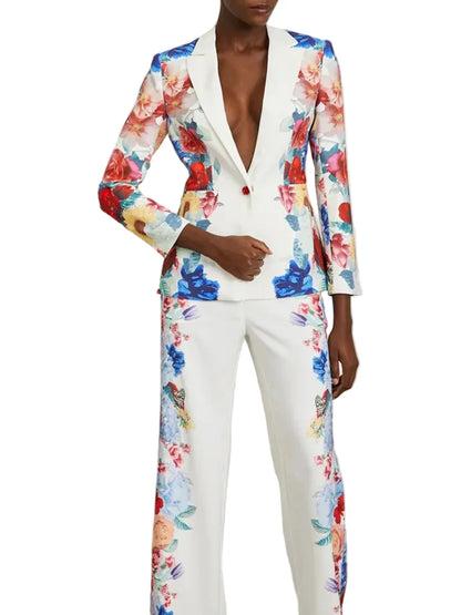 🍒Printed two piece pant set for women lapel long sleeves jacket  blazer and high waist wide leg trouser set floral fashion occasion wear party wear  keep aSIDE of FLORAL and SUITs