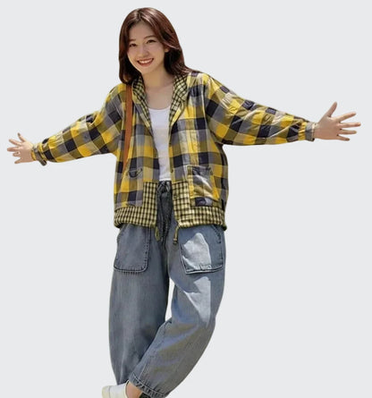 🍒Plaid pocket hood jacket top shirts check blouses spring summer fashion casual wear women check clothing outdoor style cheeky chic check