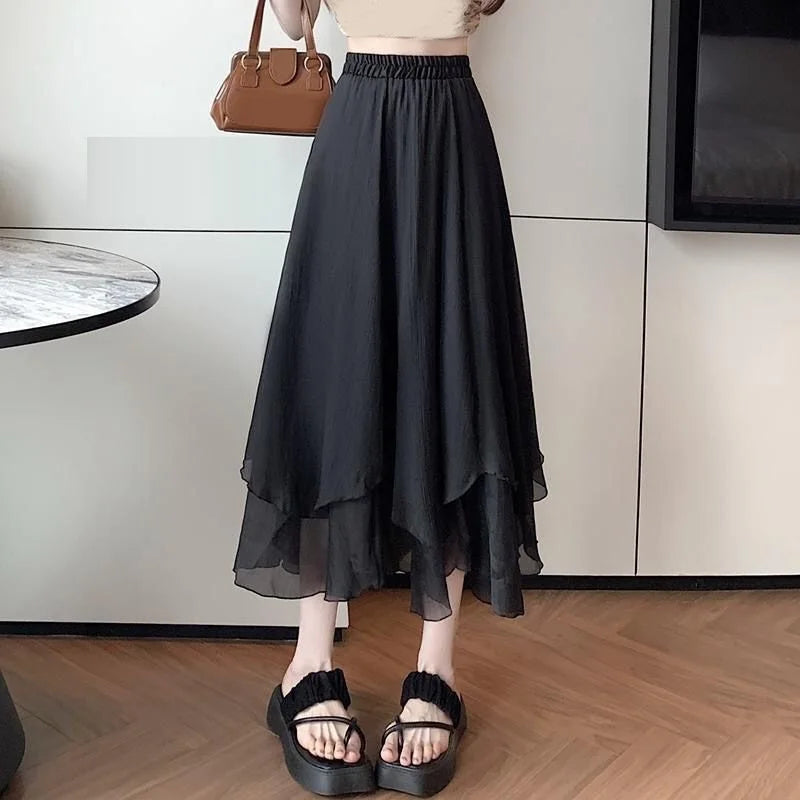 🍒Midi long skirt elastic waist ladies spring summer womens fashion  a-line clothing Female chiffon skirt outfit smart casual clothing party occasion wear Lavish In Layers