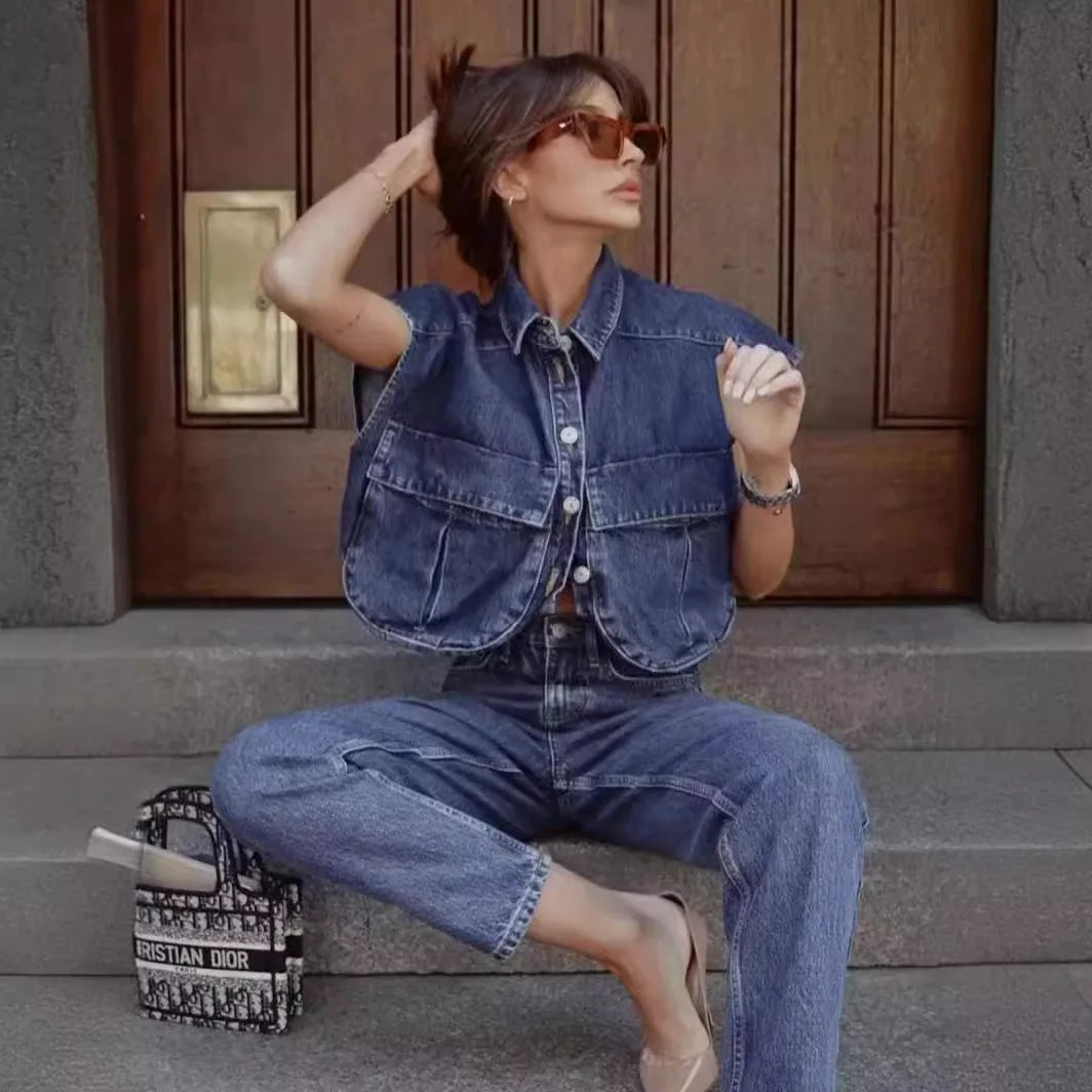 🍒Women's summer cropped shirt sleeveless blouse top ladies elegant with large pockets vintage style chic casual solid summer clothing high end cardigan denim top Pocket This Crop