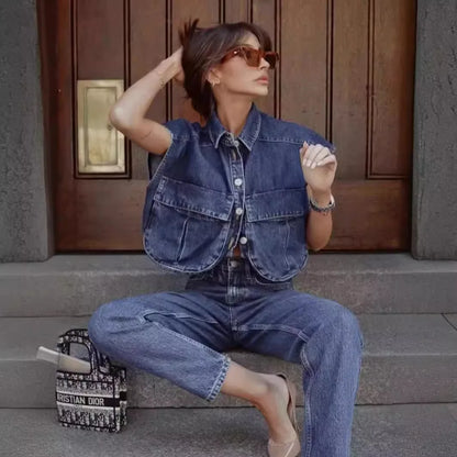 🍒Women's summer cropped shirt sleeveless blouse top ladies elegant with large pockets vintage style chic casual solid summer clothing high end cardigan denim top Pocket This Crop