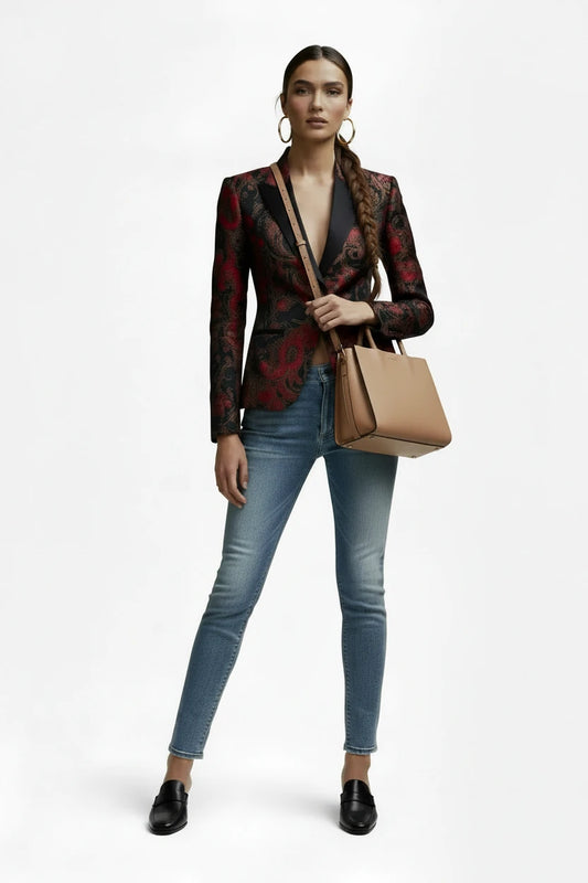 🍒Chic elegant jacket vintage women floral fashion print lapel collar long sleeve blazer slim waist occasion outwear Jewelly Jaquard Jacket