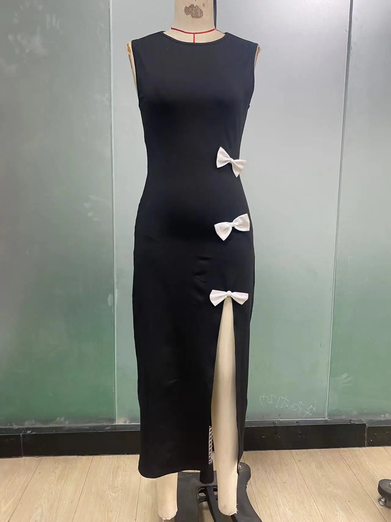 🍒Black dress side bows bodycon with slit midi cocktail outfit women party evening gown  occasion fashion Sweet-Edge