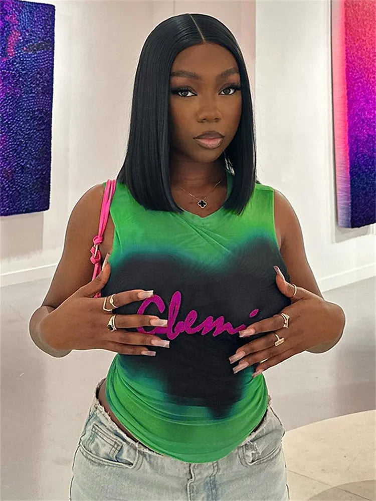 🍒Tie dye sleeveless top mesh see through crop top women party vest hot club wear Y2K Slim Clothing Get Your Greens